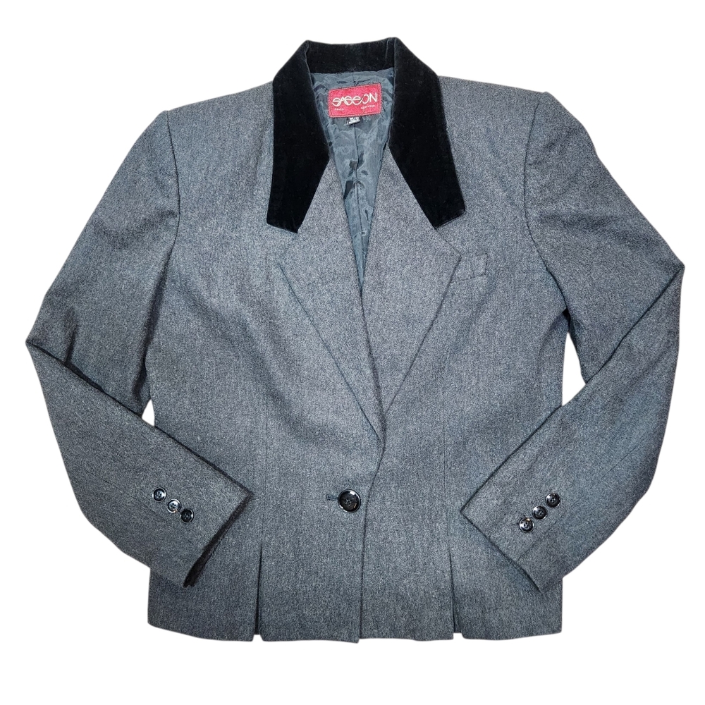 Vintage 80s Gray Wool Blazer 10 Velvet Collar Pleated Peplum Tailored Corporate‎